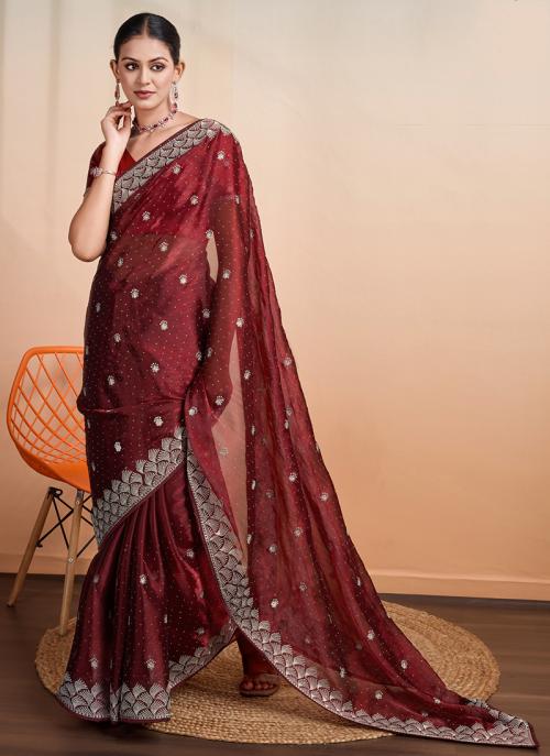 Buy Blooming Burberry Maroon Party Wear Embroidery Work Saree Online From Wholesale Salwar